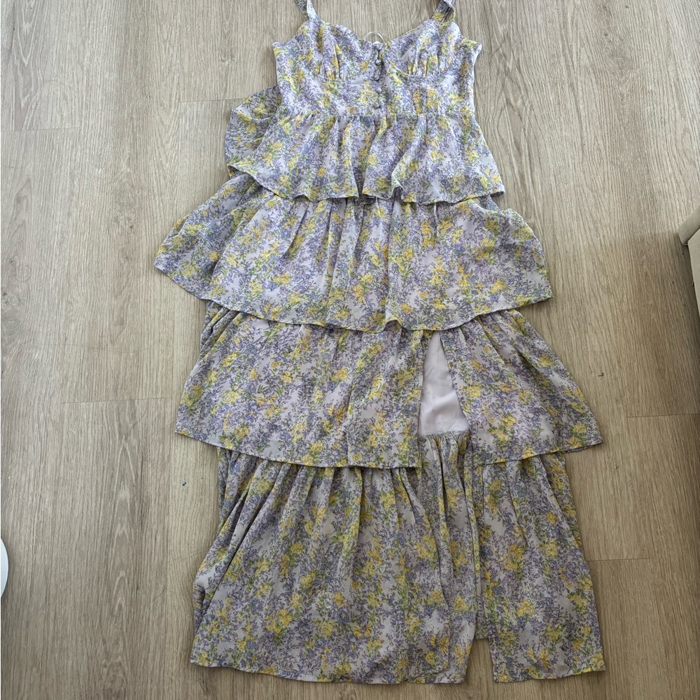 ASTR Floral Tiered Maxi Dress in Lavender and Yellow